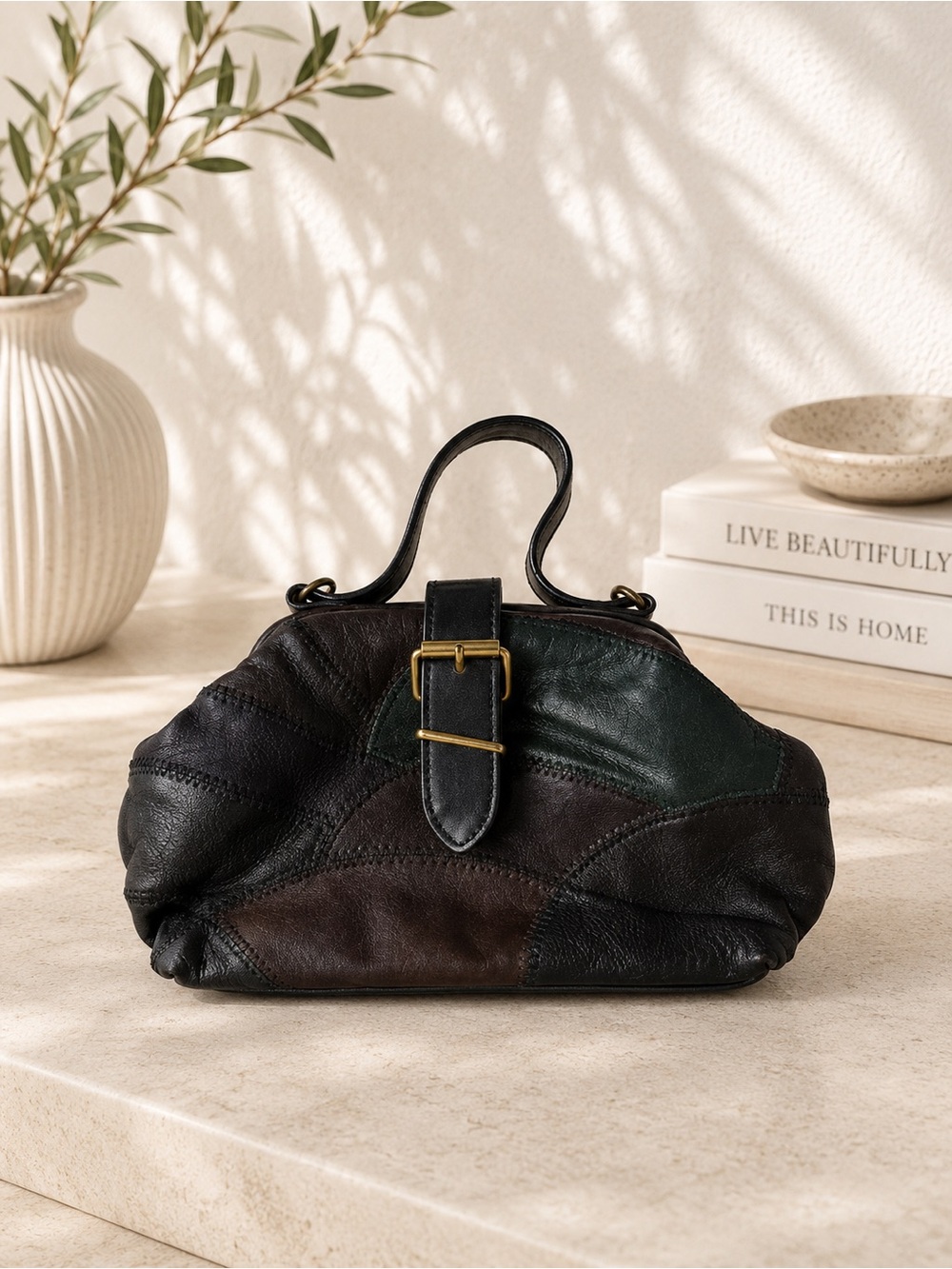 Vintage Leather Patchwork Mini Top Handle Bag Retro Doctor Bag Purse